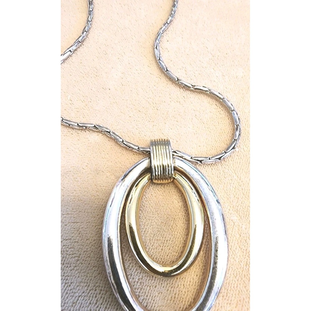 90's Two-Tone Silver/Gold Adjustable Link Chain Necklace w/ Oval Charm & Lobster